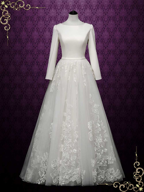 Modest Long Sleeves Wedding Dress with Lace Skirt FLORINE
