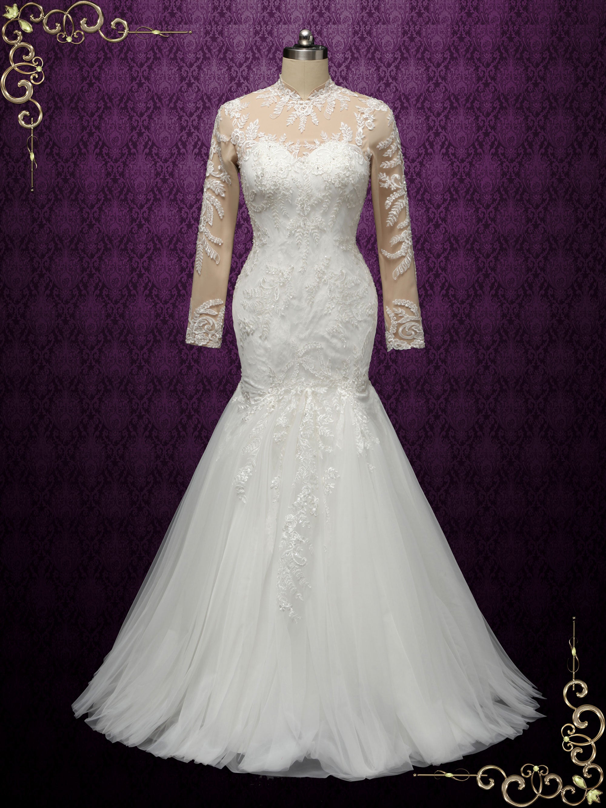 modest mermaid wedding dress Modest Lace Mermaid Wedding Dress with Nude Lining VANESS Size 12 / Ivory