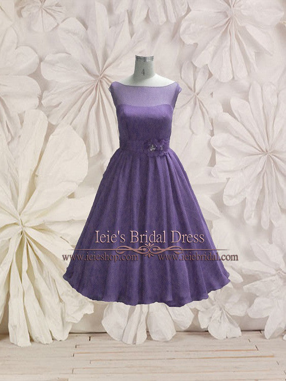 Modest Purple Retro 50s Tea Length Prom Formal Dress Modest Purple Retro 50s Tea Length Prom Formal Dress