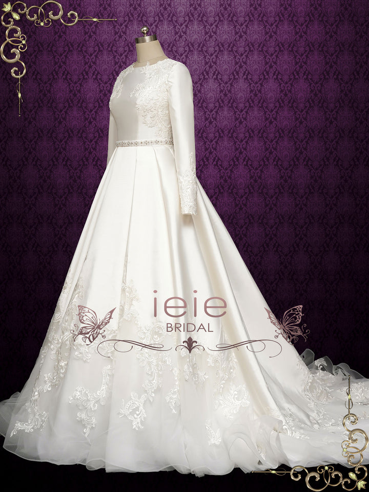 Modest Satin Lace Ball Gown Wedding Dress with Long Sleeves SAHAR