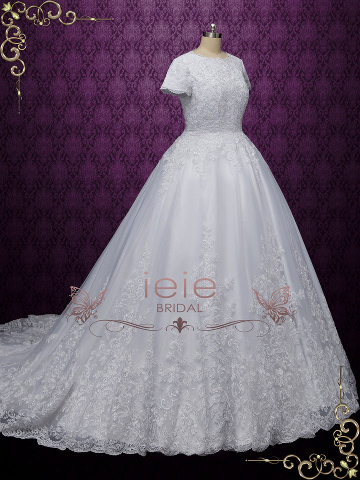 Modest Short Sleeves Lace Ball Gown Wedding Dress JOSEFINA