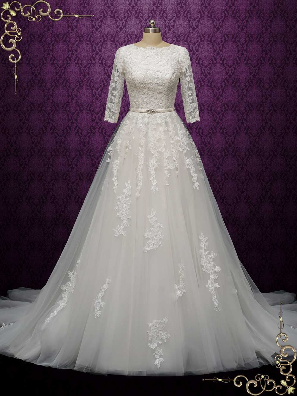 Modest Lace Wedding Dress with Quarter Sleeves AMABEL Size 8 / White Modest Lace Wedding Dress with Quarter Sleeves AMABEL Size 8 / White