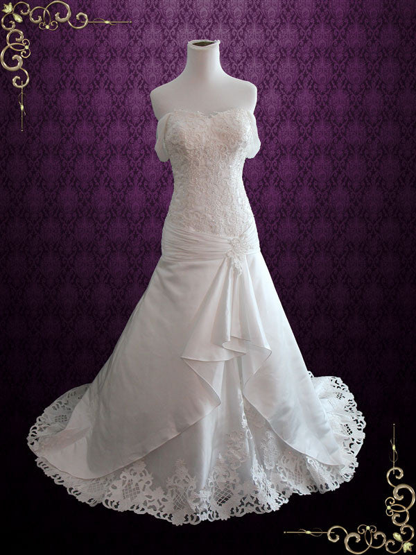 Dropped Waist Satin Lace Wedding Dress with Off Shoulder Straps CARRIE Dropped Waist Satin Lace Wedding Dress with Off Shoulder Straps CARRIE