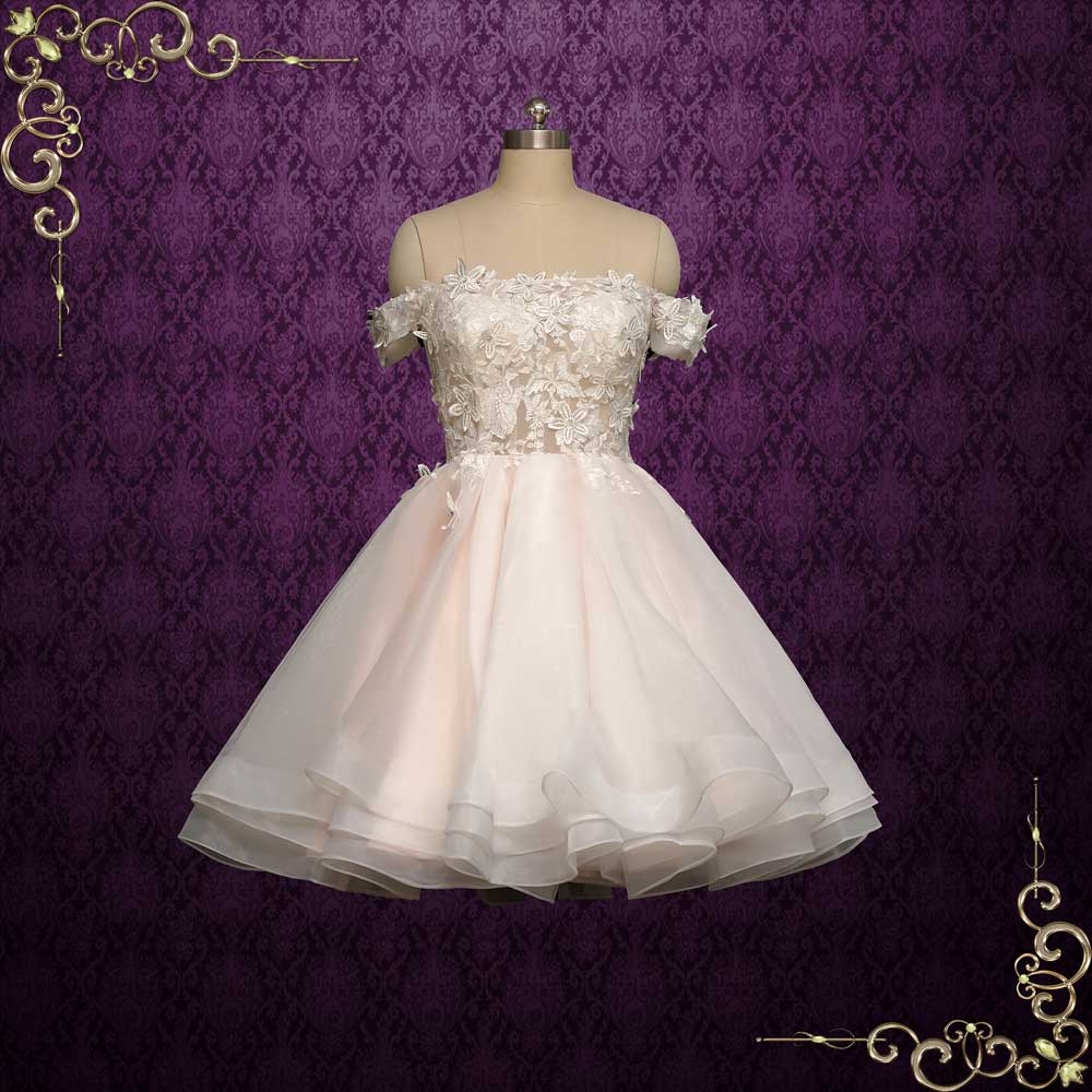 Short Lace Wedding Dress with 3D Lace Flowers and big Bow WILLA Size 20W / Pink Short Lace Wedding Dress with 3D Lace Flowers and big Bow WILLA Size 20W / Pink