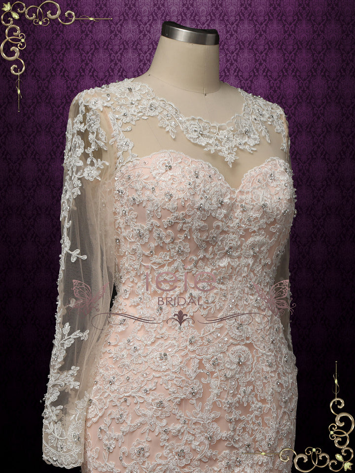 Peach Blush Mermaid Lace Wedding Dress with Long Sleeves ADALINE