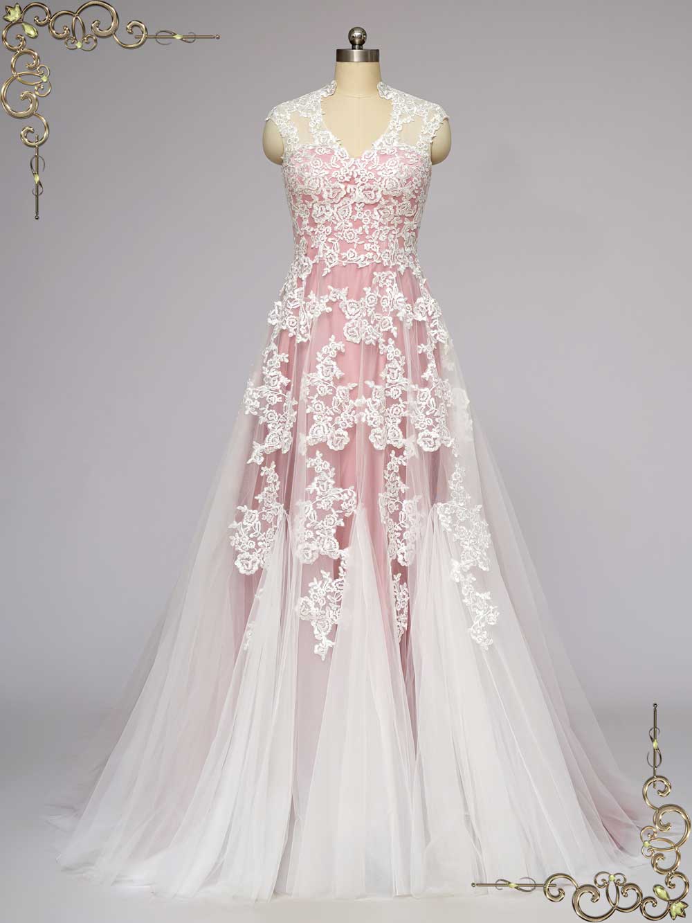 Rose Pink Lace Wedding Dress KORYNNE Size 26W / Pink Rose Pink Lace Wedding Dress KORYNNE Size 26W / Pink