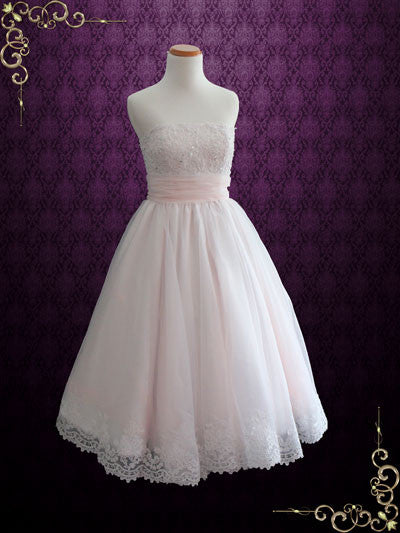 Retro 50s Blush Pink Strapless Tea Length Lace Wedding Dress | Susanah