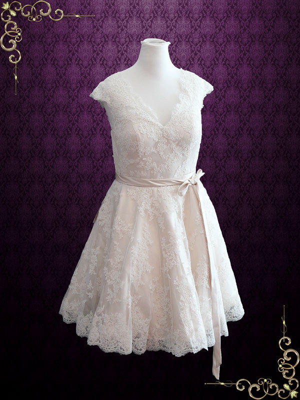 Retro 50s Lace Knee Length Wedding Dress with Thin Sash | Cynthia Retro 50s Lace Knee Length Wedding Dress with Thin Sash | Cynthia