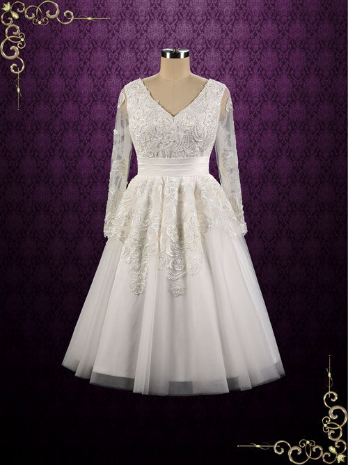 Retro Long Sleeves Tea Length Wedding Dress | Joycelyn Size 4 / Ivory Retro Long Sleeves Tea Length Wedding Dress | Joycelyn Size 4 / Ivory