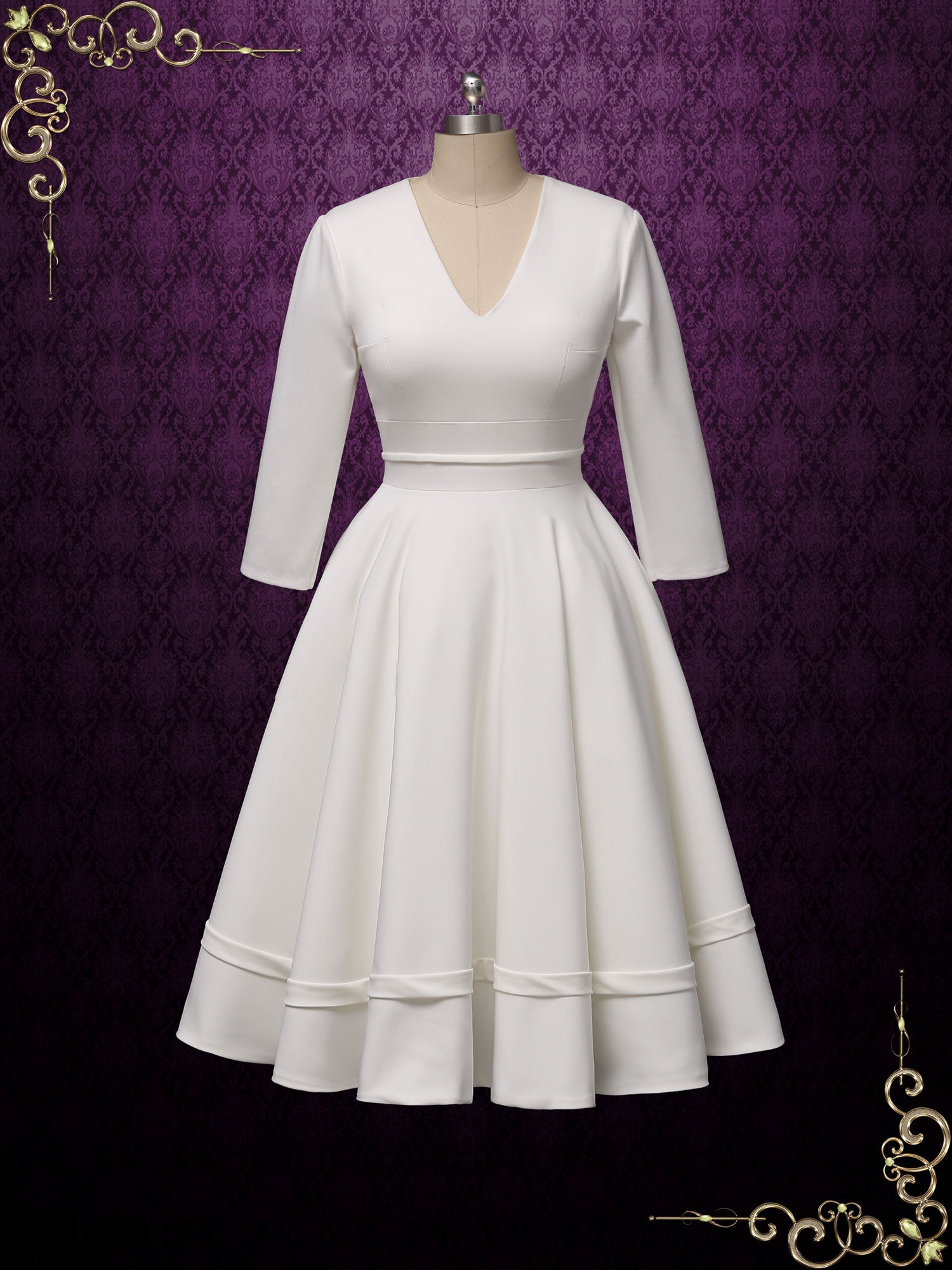 Retro Simple Long Sleeves Short Wedding Dress | Lynn Size 6 / Ivory Retro Simple Long Sleeves Short Wedding Dress | Lynn Size 6 / Ivory