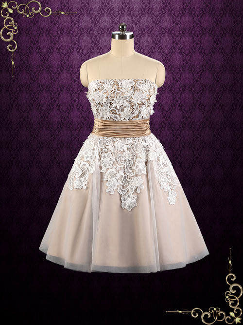 Retro Vintage Style Tea Length Strapless Tulle Wedding Dress | Michele