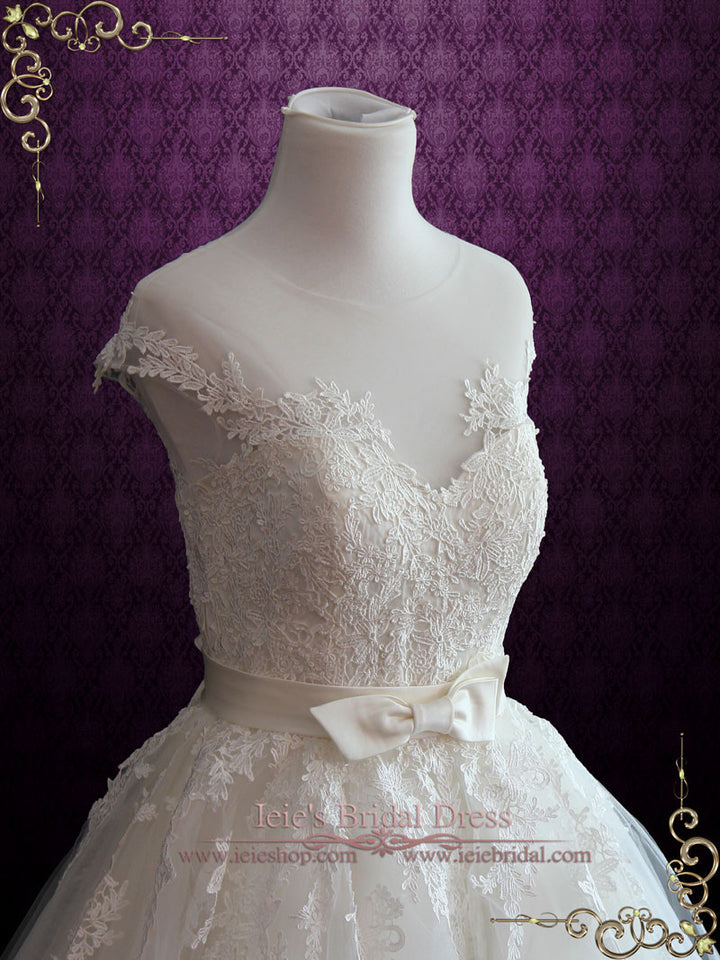 Ivory Retro Tea Length Wedding Dress with Illusion Neckline ROSALIE