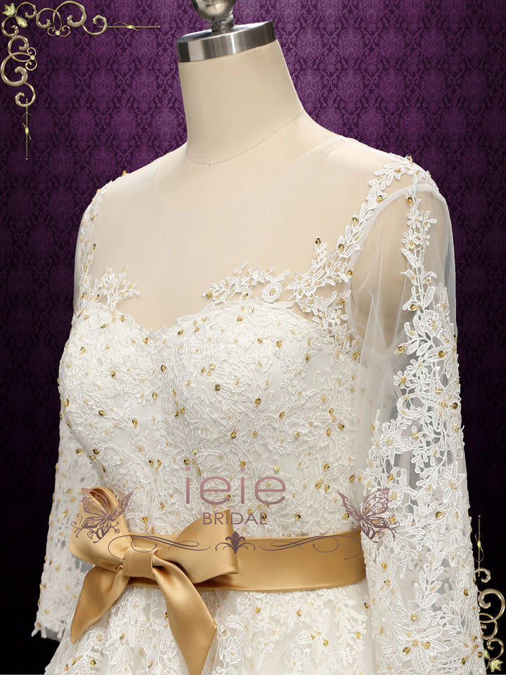 Vintage Style Lace Tea Length Wedding Dress with Gold Accents | Paula
