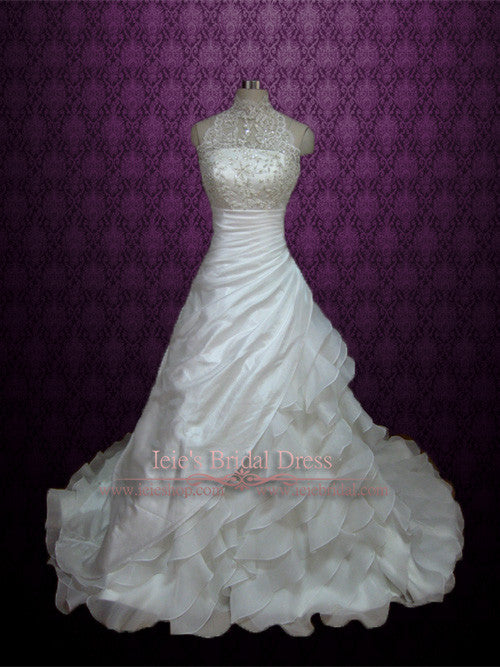 Lace Halter A-line Taffeta Wedding Dress with Organza Ruffle Skirt ROSA Lace Halter A-line Taffeta Wedding Dress with Organza Ruffle Skirt ROSA