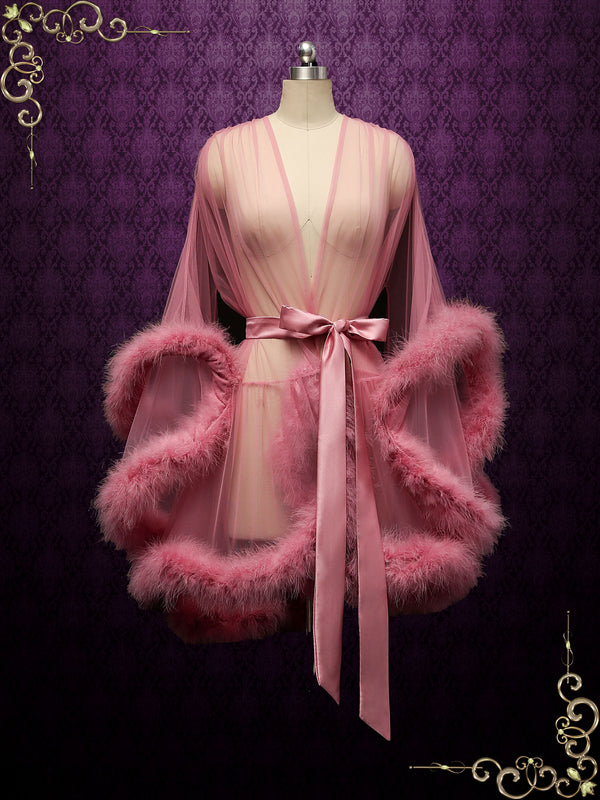 Rose Pink Honeymoon Wedding Marabou Fur Edge Boudoir Robe CICI