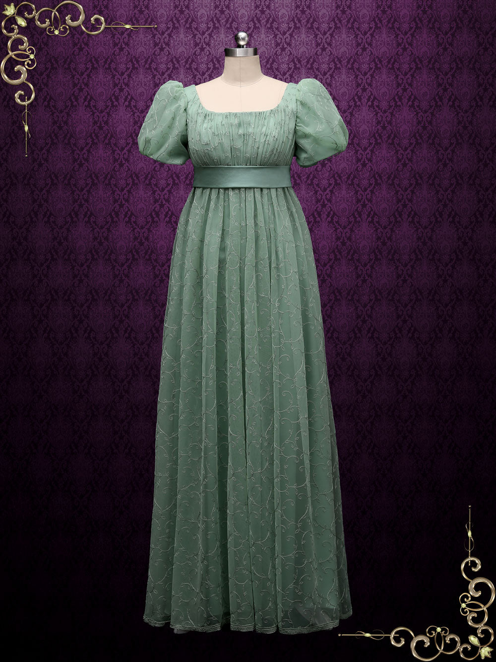 Green Regency Style Empire Dress with Floral Lace JOANNE Green Regency Style Empire Dress with Floral Lace JOANNE