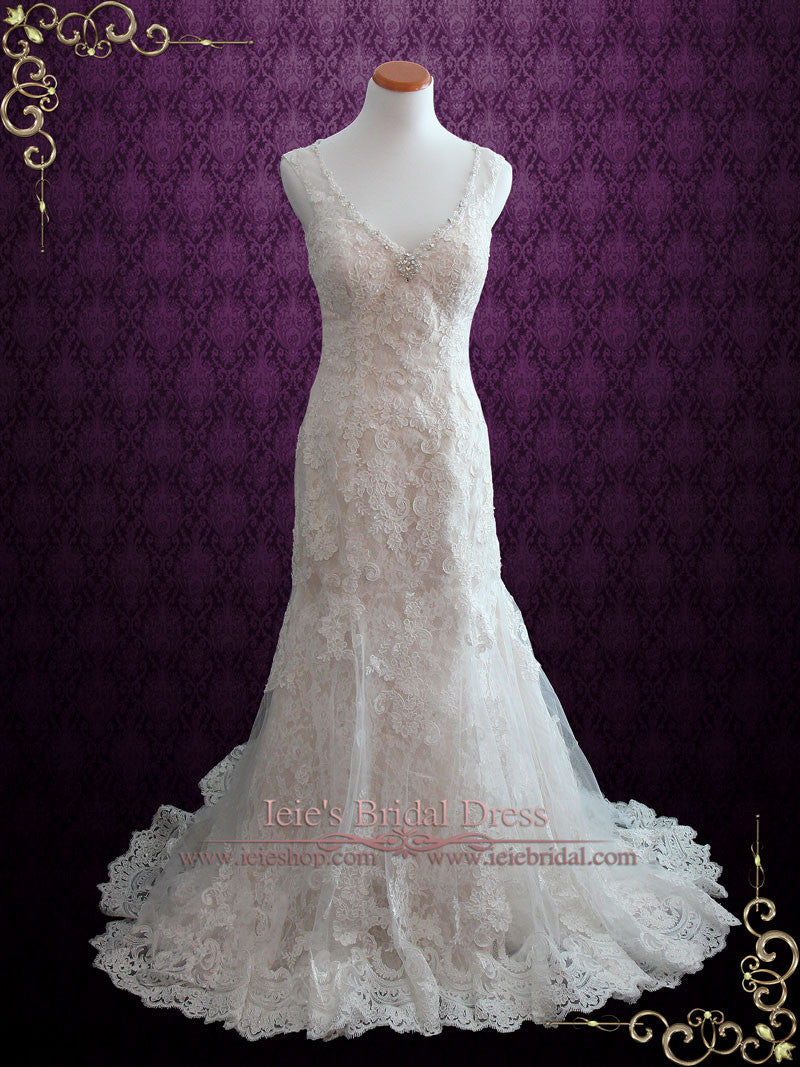 Vintage Style Fit and Flare Lace Wedding Dress with Illusion Back | Serah Vintage Style Fit and Flare Lace Wedding Dress with Illusion Back | Serah