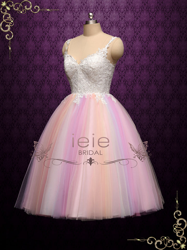 Short Tea Length Wedding Dress with Rainbow Skirt | CHARMIN