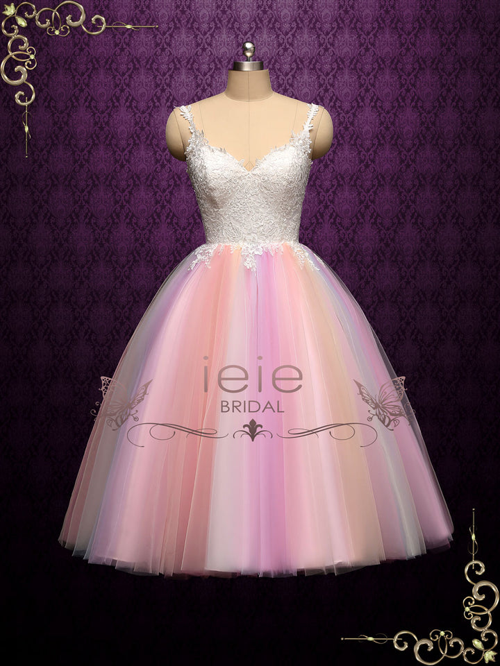 Short Tea Length Wedding Dress with Rainbow Skirt | CHARMIN