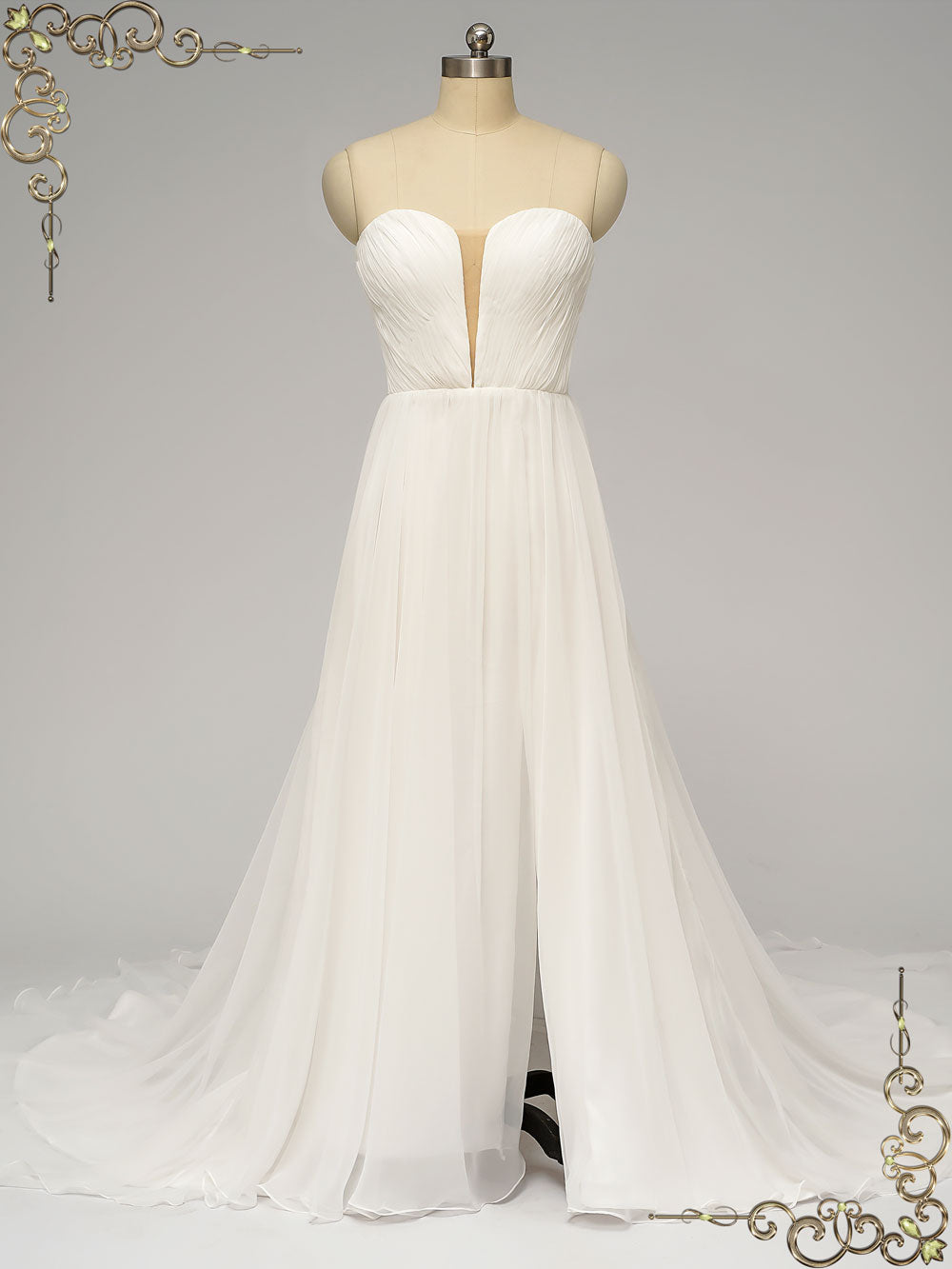 Strapless Chiffon Wedding Dress with Side Slit ALLEGRA Size 12 / Ivory Strapless Chiffon Wedding Dress with Side Slit ALLEGRA Size 12 / Ivory
