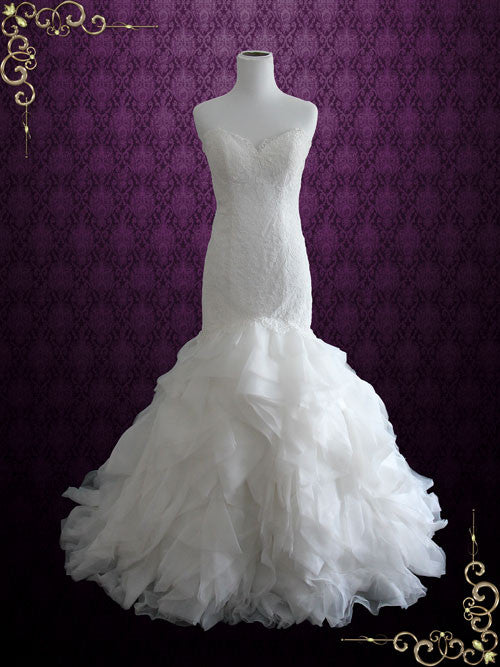 Strapless Lace Mermaid Wedding Dress with Organza Ruffle Skirt | Lindsay Size 16W-30W / Champagne Strapless Lace Mermaid Wedding Dress with Organza Ruffle Skirt | Lindsay Size 16W-30W / Champagne