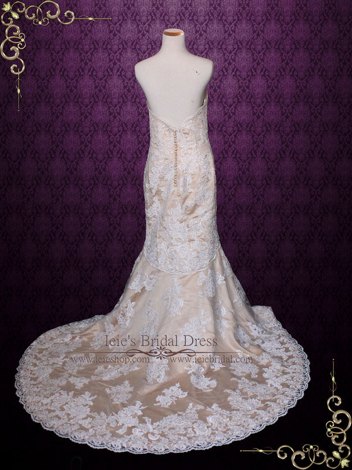 Strapless Sweetheart Ivory Lace Mermaid Wedding Dress with Mocha Lining | Mona