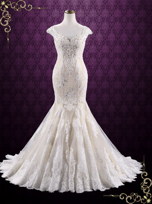Vintage Lace Mermaid Wedding Dress | Miranda Size 10 / Champagne / Add Beadings Vintage Lace Mermaid Wedding Dress | Miranda Size 10 / Champagne / Add Beadings