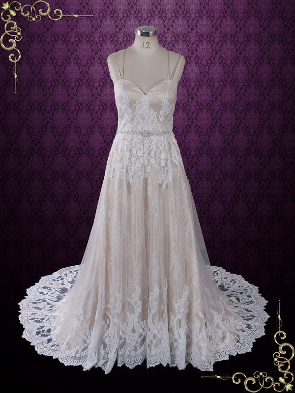 Vintage Style Lace Wedding Dress with Thin Straps | Beth Size 8 / Ivory Vintage Style Lace Wedding Dress with Thin Straps | Beth Size 8 / Ivory
