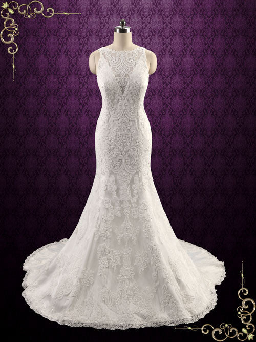 Exquisite Lace Fit and Flare Wedding Dress with Illusion Neckline Jamie Size 14 / Ivory Exquisite Lace Fit and Flare Wedding Dress with Illusion Neckline Jamie Size 14 / Ivory