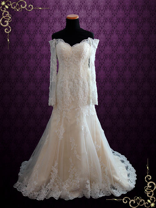 Champagne Vintage Style Lace Wedding Dress with Off the Shoulder Long Sleeves MEG Champagne Vintage Style Lace Wedding Dress with Off the Shoulder Long Sleeves MEG