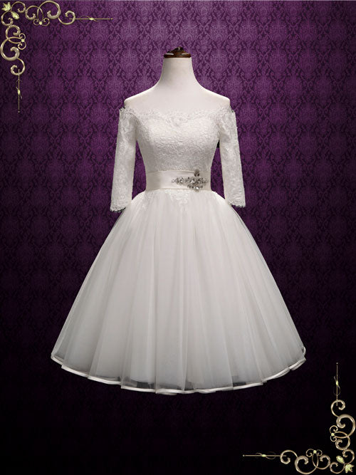Vintage Style Short Off Shoulder Lace Wedding Dress SHELLY Size 24W / Ivory