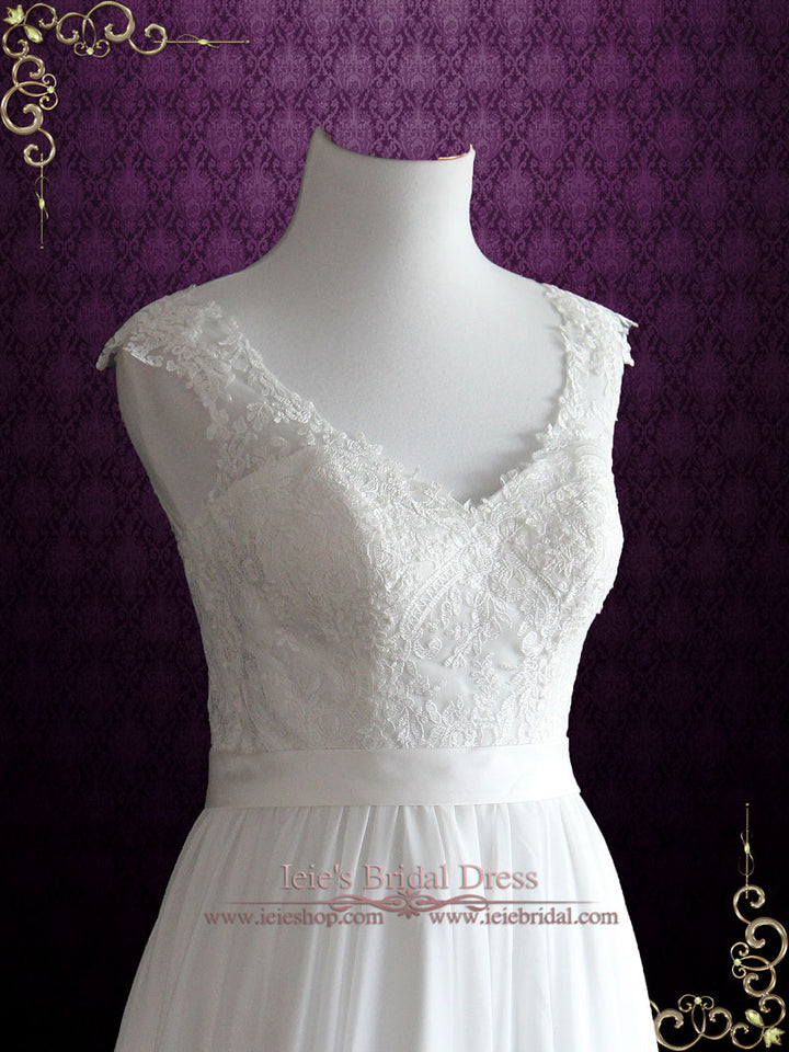 Beach Vintage Style Lace Chiffon Wedding Dress with Illusion Lace Back | BRIANNA