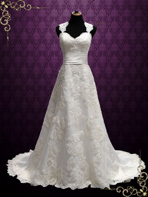 Vintage Lace Wedding Dress with Cap Sleeves | Cornelia Size 6 / White / Add Beadings Vintage Lace Wedding Dress with Cap Sleeves | Cornelia Size 6 / White / Add Beadings