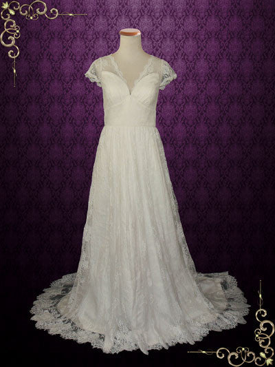 vintage lace v neck wedding dress Long Sleeve Lace V-Neck Ivory Vintage Beach Wedding Dresses,MW299