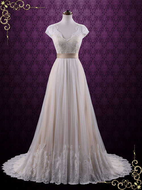 vintage lace wedding dresses cap sleeve bridal gowns Tulle Lace A-line V-neck Cap Sleeves Rustic Wedding Dresses, Bridal Gown, MW751