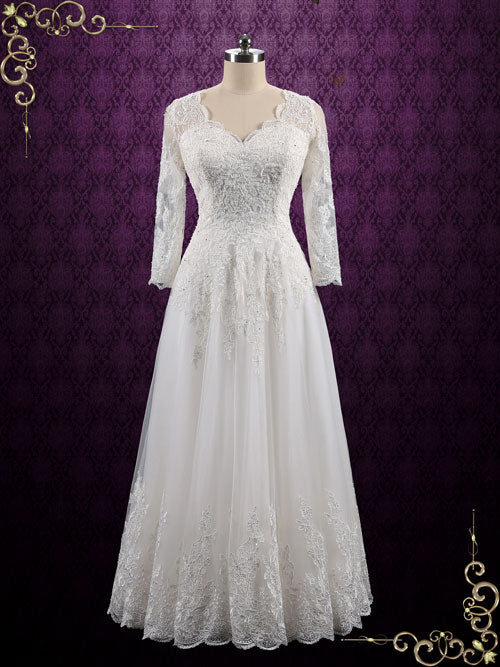Vintage Long Sleeves Lace Wedding Dress with Open Back ANSONIA