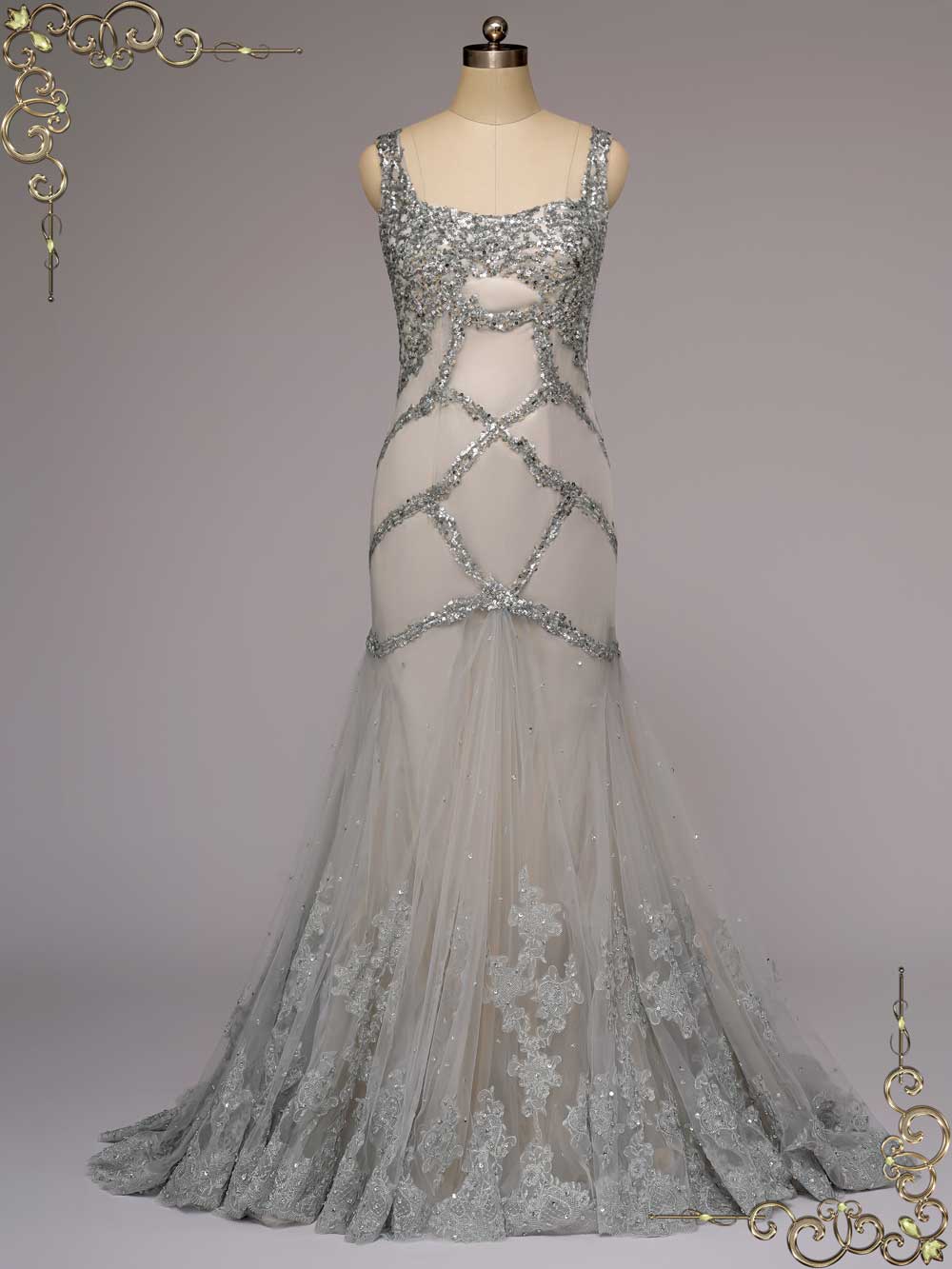 Retro Hollywood Silver Fit and Flare Wedding Dress Yulia Size 16 / Silver Retro Hollywood Silver Fit and Flare Wedding Dress Yulia Size 16 / Silver