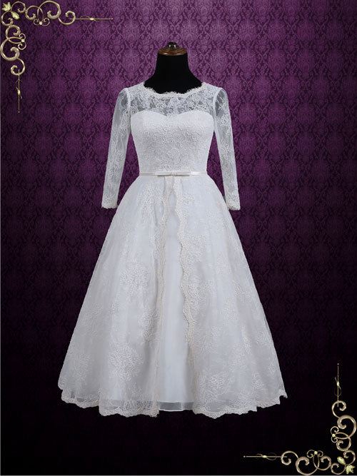 Vintage Inspired Tea Length Lace Wedding Dress with Sleeves MAYA