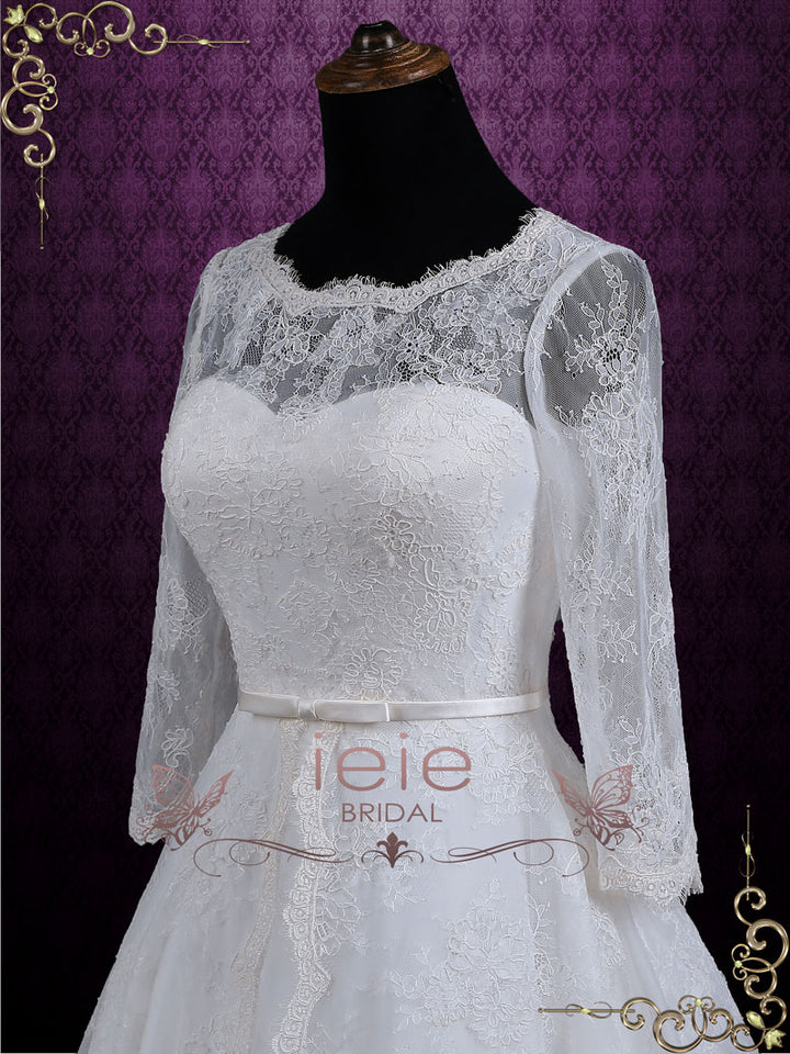 Vintage Inspired Tea Length Lace Wedding Dress with Sleeves MAYA