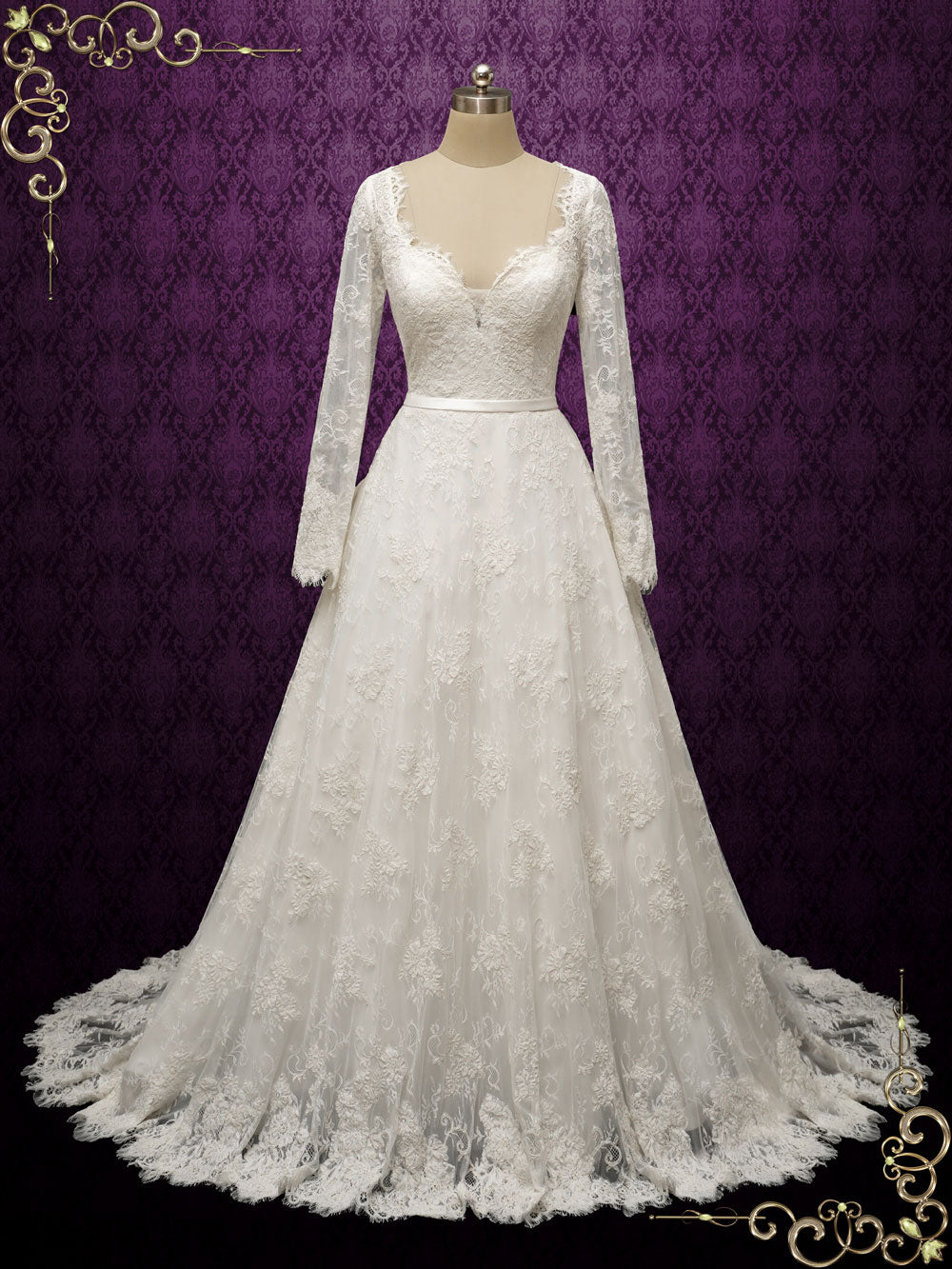 Vintage Inspired Lace Long Wedding Dress with Tiered Train ODETTE Size 2 / White Vintage Inspired Lace Long Wedding Dress with Tiered Train ODETTE Size 2 / White