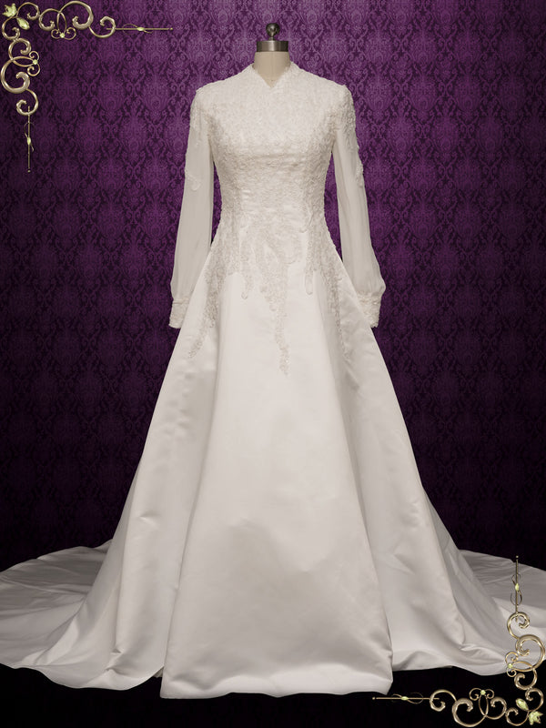 Modest Vintage Lace Wedding Dress with Long Sleeves SHALINA