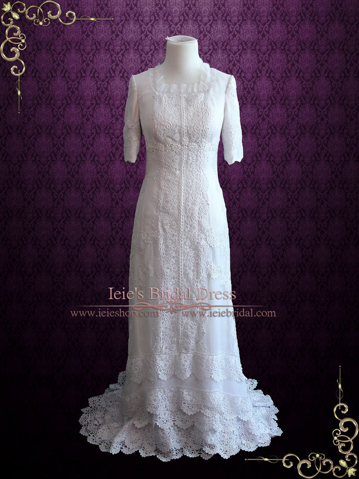 Vintage Style Modest Lace Silk Wedding Dress with Sleeves CASSANDRA
