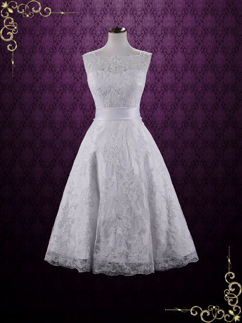 Retro Boat Neck Lace Tea Length Wedding Dress ELAINE Size 6 / White Retro Boat Neck Lace Tea Length Wedding Dress ELAINE Size 6 / White