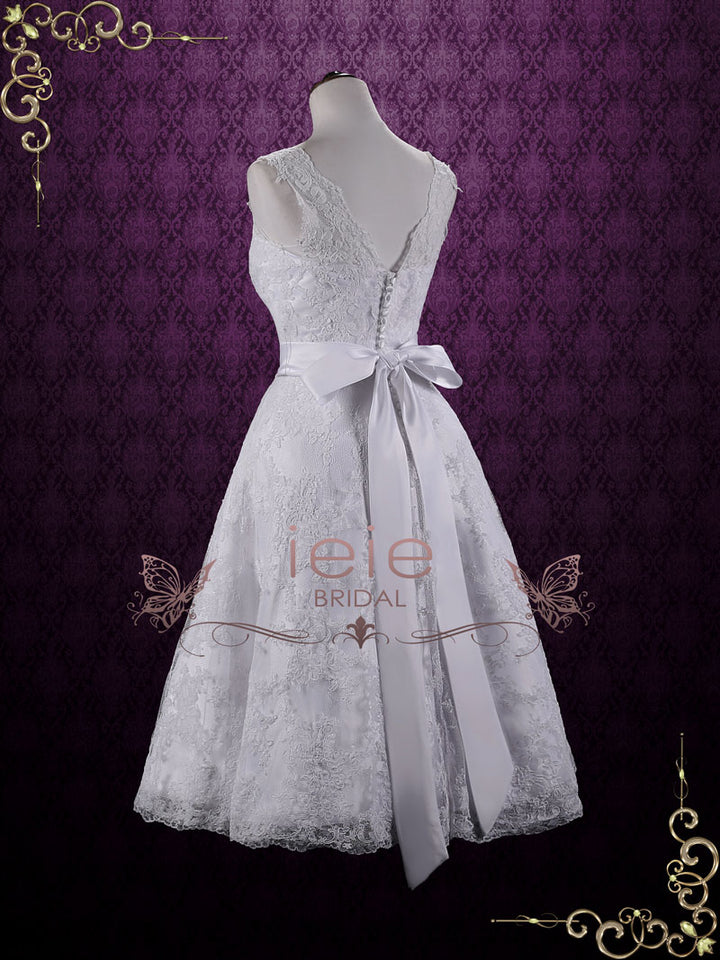 Retro Boat Neck Lace Tea Length Wedding Dress ELAINE