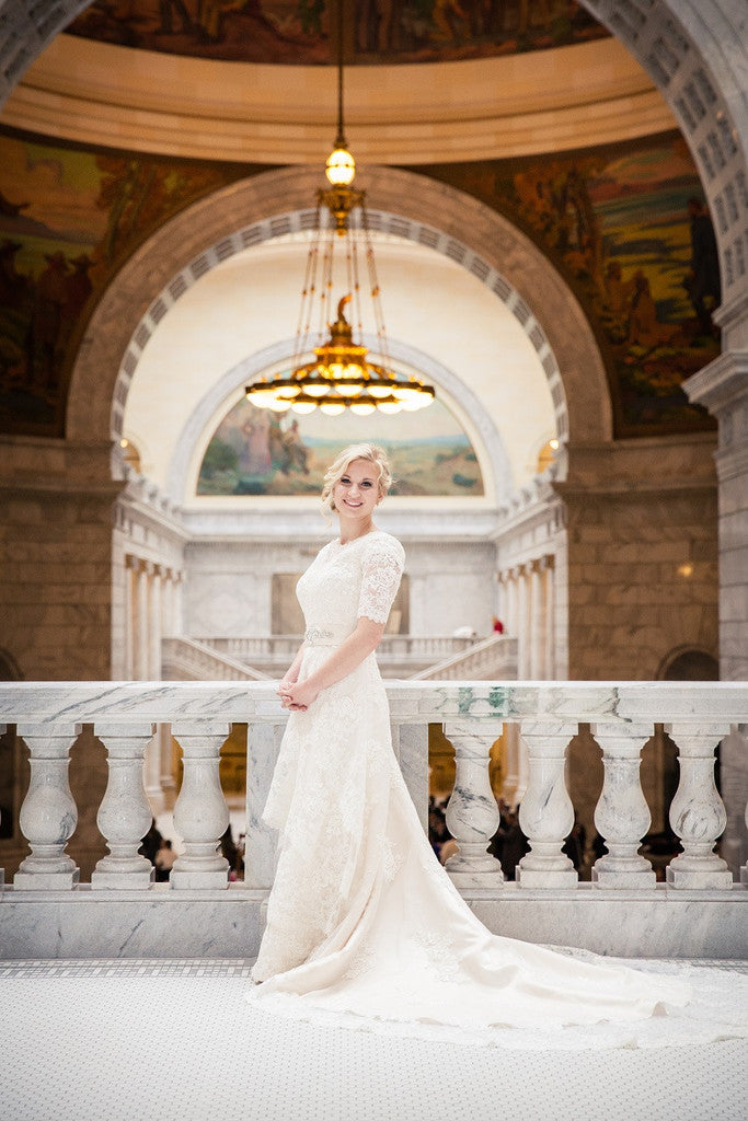 Chelsea's Modest Champagne Wedding Dress | Laura