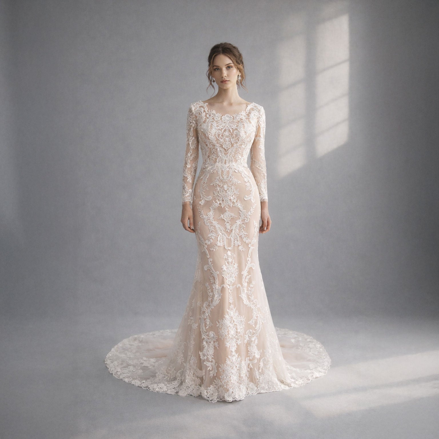Lace Fitted Wedding Dress with Long Sleeves and Open Back | ALITA