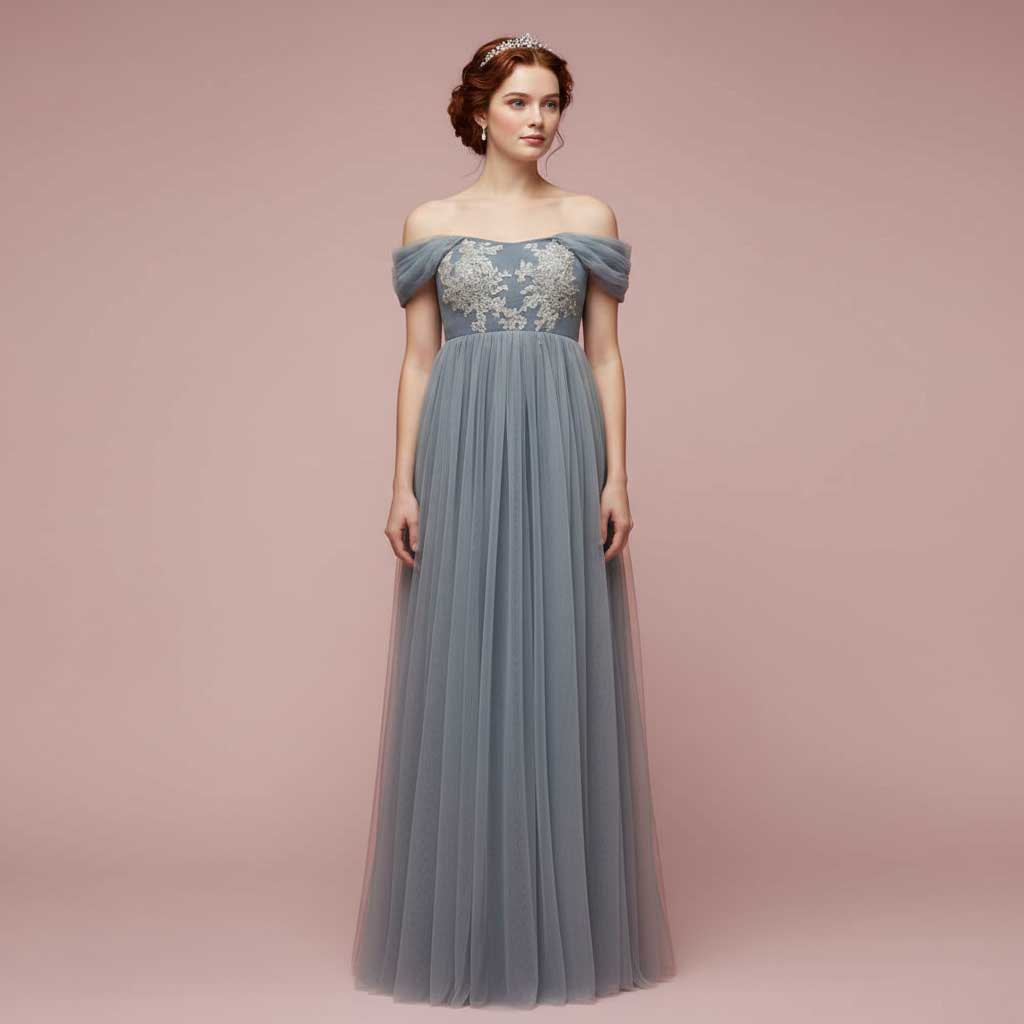 Gray Regency Empire Waist Lace Formal Dress | SALEM