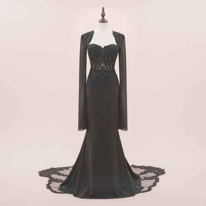 Black Gothic Halloween Lace Wedding Dress with Chiffon sleeves | ISODIE Size 14 / Black Black Gothic Halloween Lace Wedding Dress with Chiffon sleeves | ISODIE Size 14 / Black