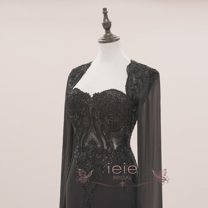 Black Gothic Halloween Lace Wedding Dress with Chiffon sleeves | ISODIE Size 14 / Black Black Gothic Halloween Lace Wedding Dress with Chiffon sleeves | ISODIE Size 14 / Black