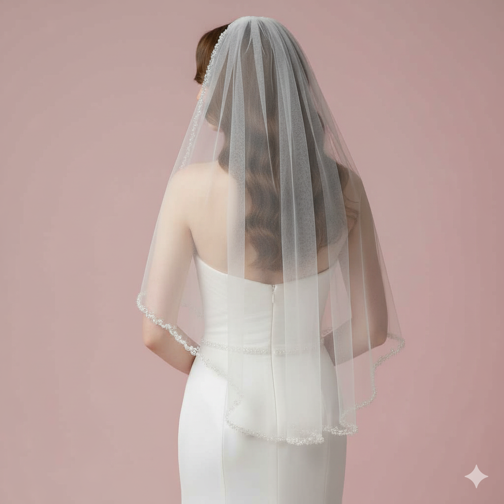 Elegant Wedding Veil with Pearl and Beaded Edge